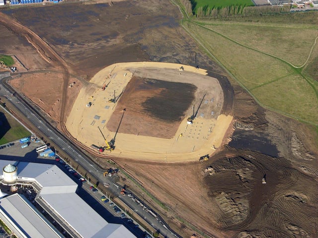 Aerial view of work in progress at the site of Doncaster's Lakeside Stadium in 2005