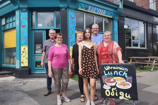 Councillor Martin Smith with Ukrainian staff from Café Kalyna on Abbeydale Road, Broadfield, Sheffield, plus founders Sally and Tina
