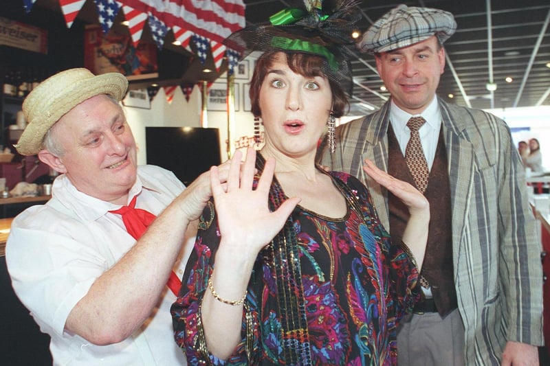 From left, Tony Godfrey as Fatty Arbuckle, Sally Woolhouse as Mabel and Martin Peacock as Mack, stars of Croft House Operatic Society's show Mack & Mabel, pictured at Fatty Arbuckle's restaurant at Valley Centertainment
