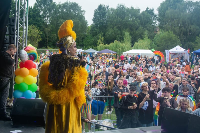 Drag artiste Joe Black entertains on the main stage at Chesterfield Pride.