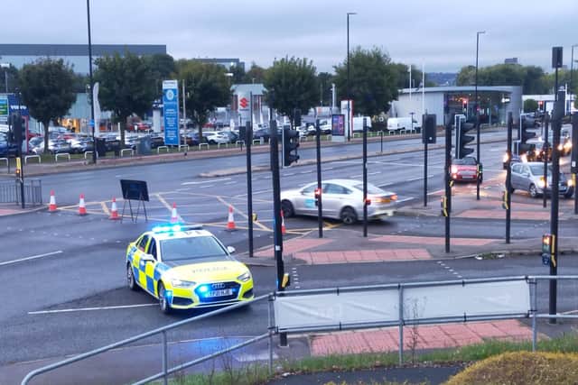 Penistone Road is closed off this morning following a collision. It is believed a South Yorkshire Police officer was injured (Photo: Alastair Ulke)