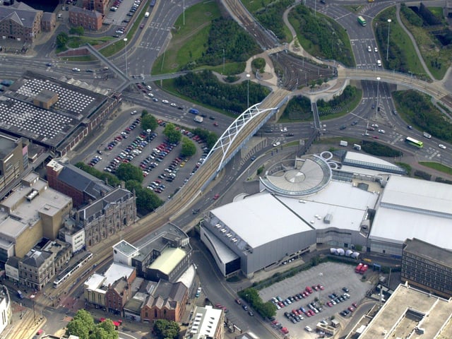 Park Square, Supertram bridge and Ponds Forge