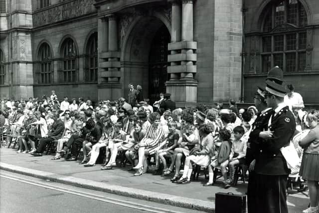 Crowds gather outside the Town Hall to watch the 1968 Lord Mayor's Parade