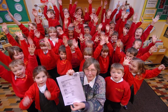 Bradwell Infants School celebrated its "Outstanding" Ofsted report. Pictured is headteacher Helen Smith with pupils in 2008