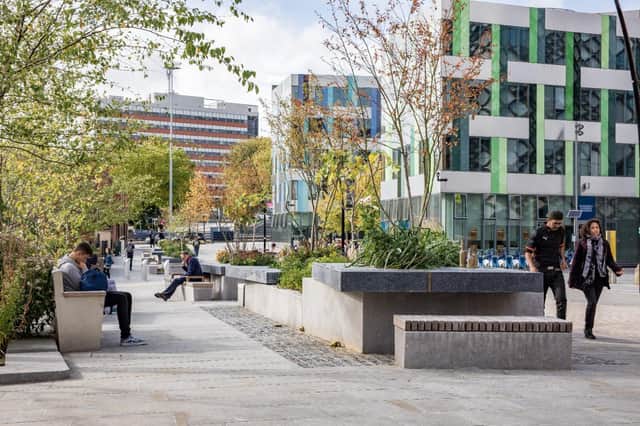 Students on the University of Sheffield's campus on Leavygreave Road, which has been pedestrianised and lined with trees to make a sustainable walkway into Sheffield city centre