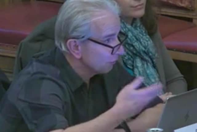 Sheffield Green Party councillor and teacher Coun Toby Mallinson speaking about his concerns over the academisation of two city special schools at a meeting of the councils finance committee. Picture: Sheffield Council webcast