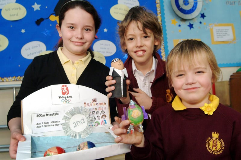 George, Rebekah and Dylan show off their winning entries for the King Edward Primary School egg decoration competition. The Littleworth school's youngsters also entered an Easter raffle with eggs donated by parents and governors, 622222 Taxis, Morrisons and Sainsbury's.
