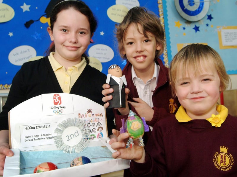 George, Rebekah and Dylan show off their winning entries for the King Edward Primary School egg decoration competition. The Littleworth school's youngsters also entered an Easter raffle with eggs donated by parents and governors, 622222 Taxis, Morrisons and Sainsbury's.