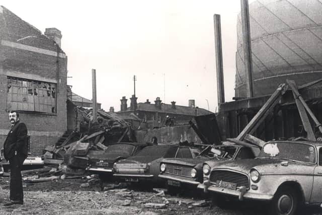 Wrecked cars after an explosion at the Effingham Street gas works in Sheffield, October 1973