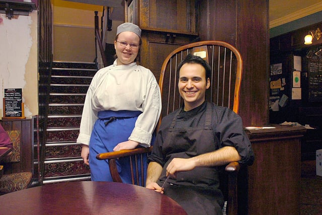 Chef Randy Debono and Joy Smith with Little John's chair at the Scotsmans Pack, Hathersage in 2008