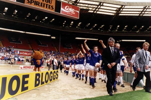 Manager John Duncan leads his Chesterfield side out at Wembley against Bury in the 1995 Division Three play-off final.