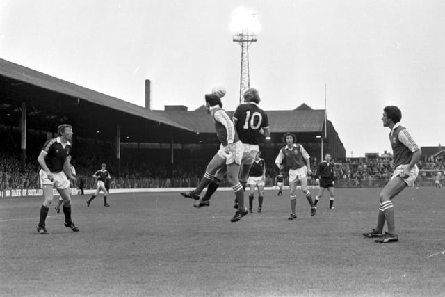 Action from the Hearts v Hibs Edinburgh Derby football match at Tynecastle in August 1980.