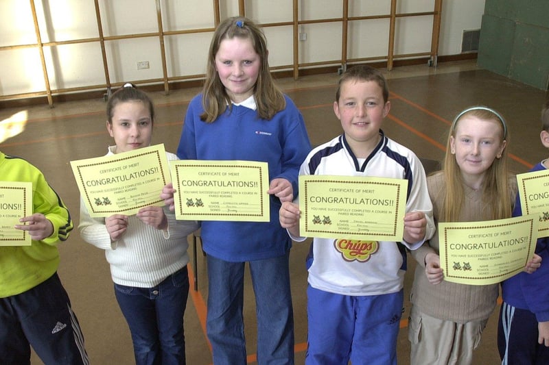 Pupils at Fox Hill primary school, with their reading achievement certificates L to R Steven Berry, Bonnie Price, Charlotte Wragg, Daniel Barrass, Kirsten Caverney and Karl Fox pictured in March 2001