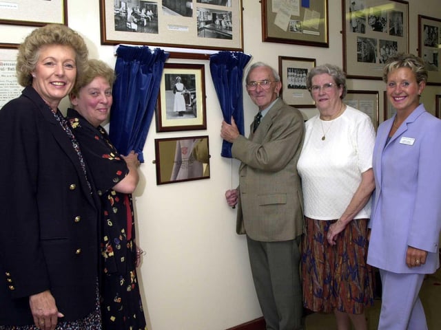 Unveiling a plaque in memory of Winfred Booth, Home Sister at Doncaster Royal Infirmary L to R Carole 0'Neill and Bronwen Mills with Miss Booth's brother Sydner and his wife Kathleen; and Sharon Stower, Director of Nursing and Service improvement