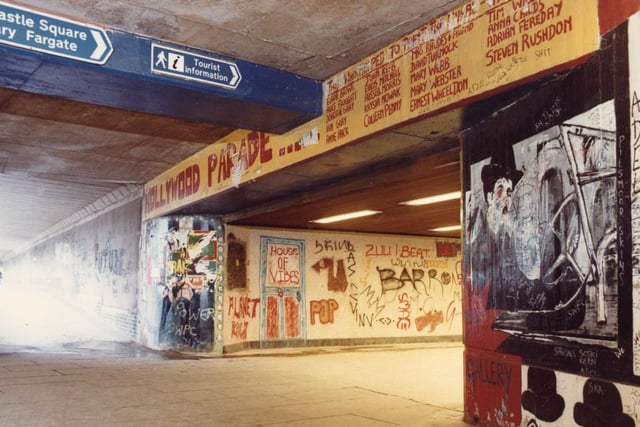 Tudor Way subway under Arundel Gate showing graffiti artwork, 1985