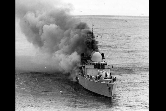HMS Sheffield after being hit in the Falklands.