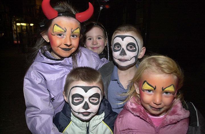 Pictured  at the Fright Night held in the Sheffield City centre for Halloween. Seen, left to right, are, Rebecca and Shaun Pearson, Stephanie Shepherd, and Adam and Natasha Polocki, October 31, 2001