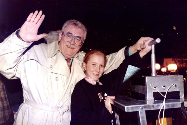 Hannah Townend pictured with Bobby Knutt as she switches on the Sheffield Christmas Illuminations in 1994
