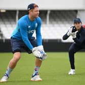 England wicketkeeper Jonathan Bairstow with captain Joe Root during a nets session at The Kia Oval on August 31, 2021 in London, England. (Photo by Gareth Copley/Getty Images)