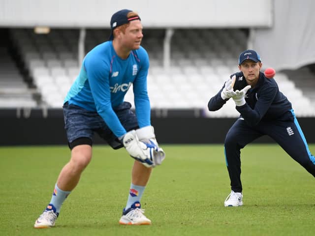 England wicketkeeper Jonathan Bairstow with captain Joe Root during a nets session at The Kia Oval on August 31, 2021 in London, England. (Photo by Gareth Copley/Getty Images)
