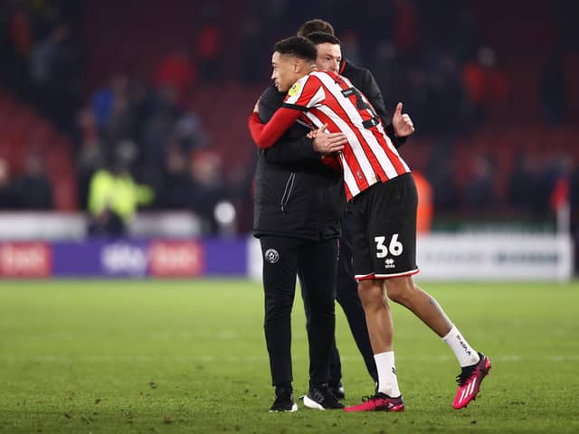 Sheffield United manaer Paul Heckingbottom with Daniel Jebbison, who is now back from suspension: Naomi Baker/Getty Images