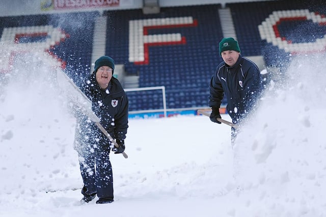 2010 saw ground staff at Stark's Park, home of Raith Rovers, putting in a shift to clear snow from the pitch (Pic: Neil Doig)