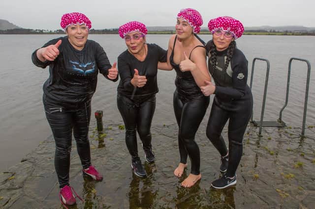 Girl from Holiday Inn Express in Glenrothes jumped into a freezing cold Loch Leven in aid of Cervical Cancer as a memorial to a friend who passed away  - pictured are Stephanie Davie (24), Lynsay Findlay (33), Dayu Hamilton (54) and Kimberley Richardson (27)