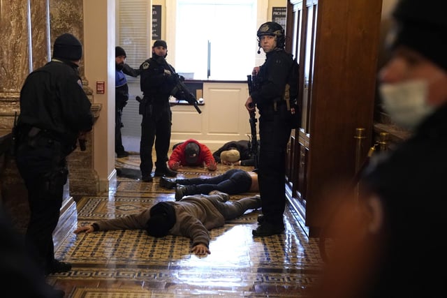 Police detain protesters outside of the House Chamber during a joint session of Congress.