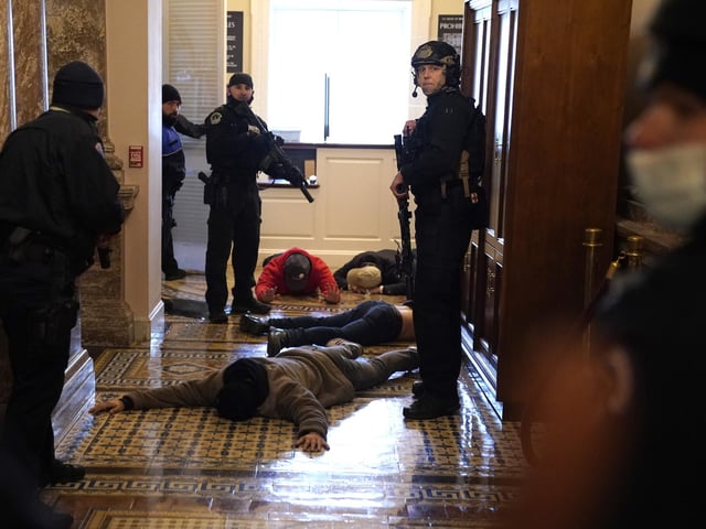 Police detain protesters outside of the House Chamber during a joint session of Congress.