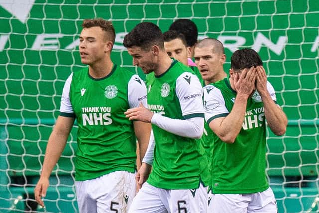 Hibs players react after conceding to Livingston in the 3-0 defeat at Easter Road. (Photo by Ross MacDonald / SNS Group)