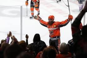 Kevin Tansey celebrates scoring against Manchester Storm Pic Hayley Roberts