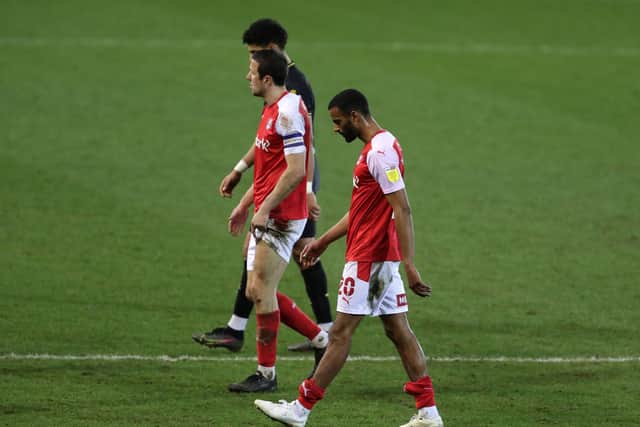 Rotherham United's Richard Wood and Michael Ihiekwe react after the final whistle during the Sky Bet Championship match at AESSEAL New York Stadium, Rotherham.   Richard Sellers/PA Wire.