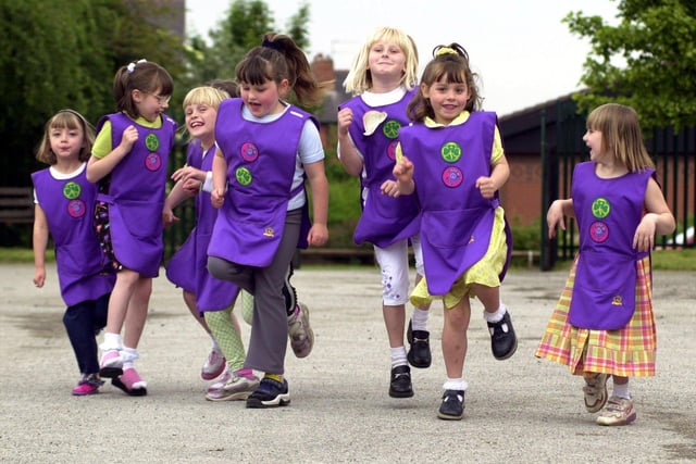 Some of the fund-raising 28th Doncaster Rainbows, from left, Lauren Cooke, aged five, Katherine Jones, aged six, Shelby Jackson, aged five, Suzannah Blaydes, Christie Young, both aged six, Natalie Beecham, aged seven, Katie Holmes, and Amy Beecham, both aged five, were pictured practising for their hopathon back in 2000