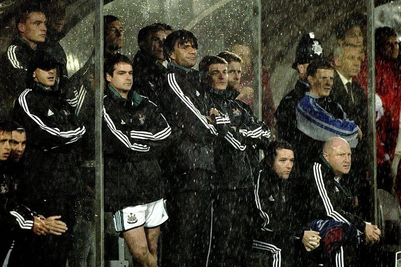 Never has a game been summed up by one photo quite like this encounter. On a soaking wet night at St James’s Park, boss Ruud Gullit left out Alan Shearer and Duncan Ferguson for a game against Sunderland in maybe the biggest team selection gamble any Newcastle manager has ever taken. It spectacularly backfired, Newcastle lost 2-1 and Gullit was soon out of a job on Tyneside.
(Mandatory Credit: Graham Chadwick /Allsport)