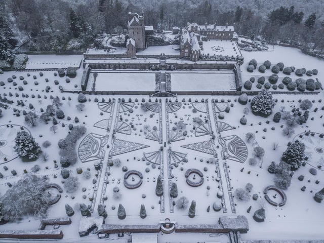 Snow covered Drummond Castle Gardens, Perthshire