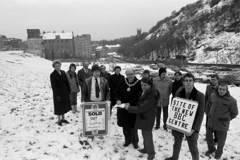 Edinburgh Lord Provost John Mackay signs a petition to Keep the BBC in Edinburgh at the Greenside Place gap site in January 1986.