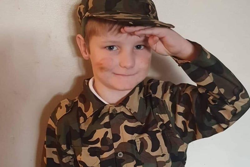 Tommy dressed as an Army boy.