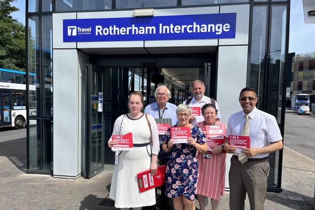 Cllrs Amy Brookes, David Roche, Denise Lelliott, Dave Sheppard, Victoria Cusworth and Saghir Alam, outside Rotherham bus station with the petition