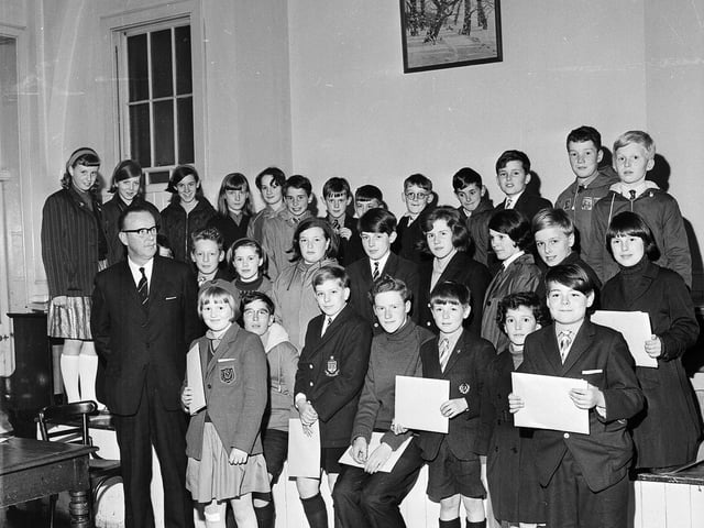 Cycling Proficiency Certificates being presented at Colinton School by Councillor Maurice Ferry in May 1965.