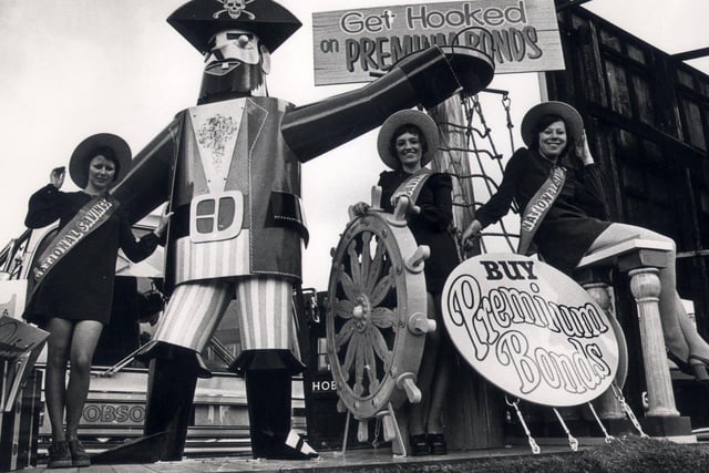 Sheffield Savings Committee float in the 1973 Lord Mayor's parade, with Marie Batty, Barbara Kerfoot and Janet Rodgers