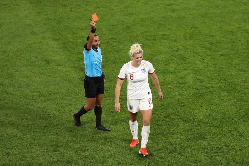 Referee Edina Alves Batista shows Millie Bright a red card during the 2019 FIFA World Cup semi-final match between England and USA at Stade de Lyon on July 02, 2019.