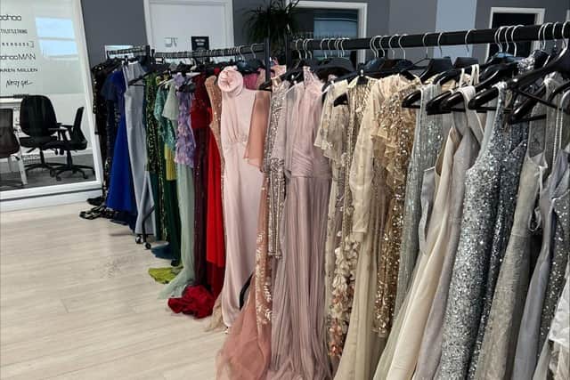 A rack of prom dresses at boohoo's pop-up shop in Tinsley.