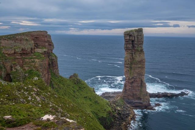 Orkney's most famous landmark is The Old Man of Hoy, a 450 foot sea stack formed from Old Red Sandstone. It was created by the erosion of a cliff through hydraulic action - the stack is no more than a few hundred years old