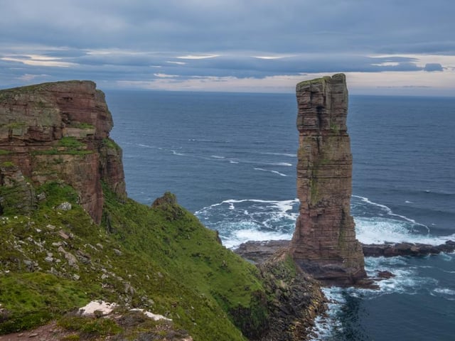 Orkney's most famous landmark is The Old Man of Hoy, a 450 foot sea stack formed from Old Red Sandstone. It was created by the erosion of a cliff through hydraulic action - the stack is no more than a few hundred years old