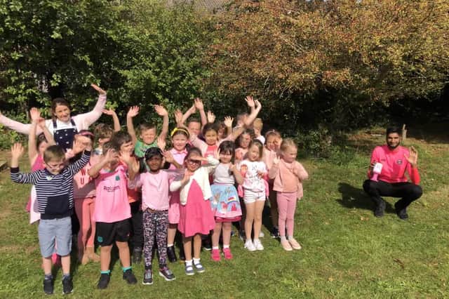 Think Pink week saw pupils across Havant don pink for Hannah's Holiday Home, mayoral charity of Cllr Prad Bains. Pictured: Purbrook Infant School