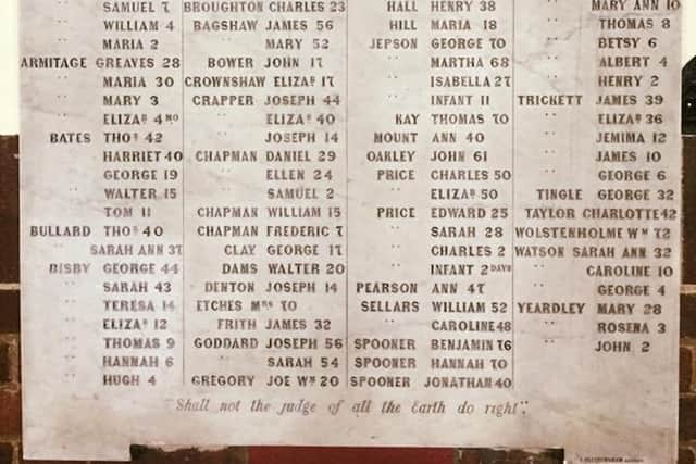 The original memorial at Malin Bridge in St Polycarps Church to the victims of the Great Sheffield Flood.
Image courtesy of Rev Gina Kelsi.