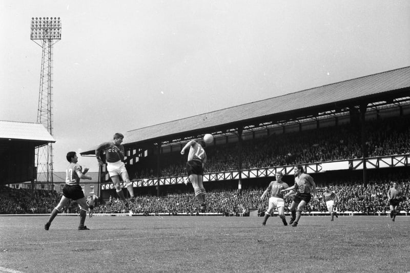 Malofeev for Russia jumps for a centre but Leoncini (right) heads away for Italy during Russia's 1-0 win over Italy at Roker Park in July 1966.