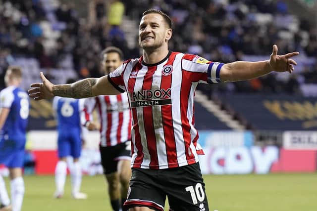 Billy Sharp of Sheffield United celebrates his crucial goal at Wigan Athletic: Andrew Yates / Sportimage
