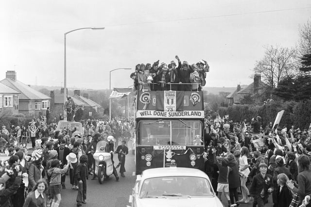 An open top bus door was the typical form of celebration back in the day - and Sunderland were sure to oblige.
