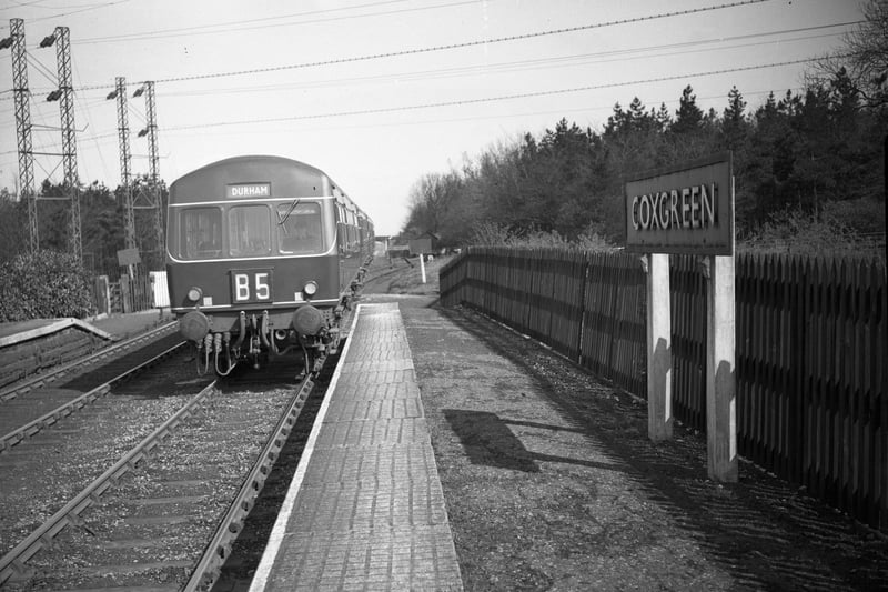 This retro picture shows a diesel train as it enters Cox Green station in May 1959